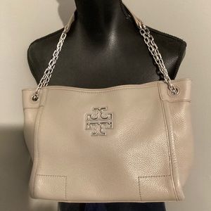 Light gray leather Tory Burch Britten bag.Includes dust bag.